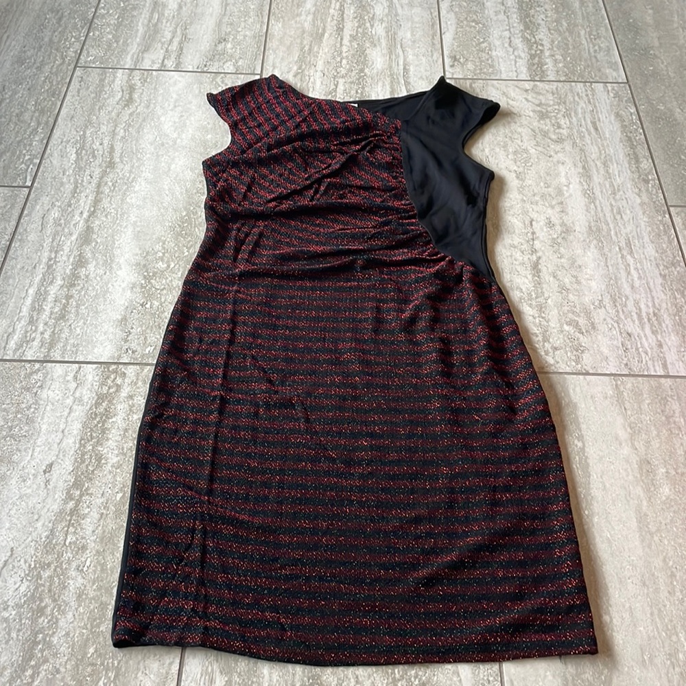 Lapis Black & Red Striped Dress Shirred Front Sleeveless Body-con Large